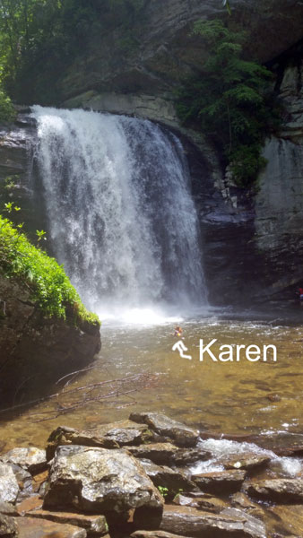 Karen Duquette in the water at Looking Glass Falls